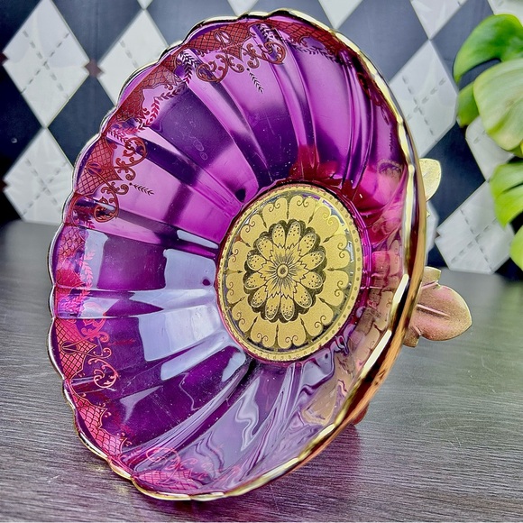 Martha Willard Purple Glass Compote Gilt Brass Base 7 Pedestal Centerpiece Bowl